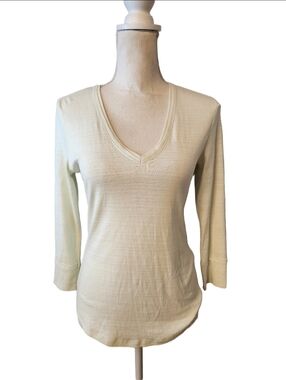 Lilla P 1x1 Rib 3/4 Sleeve V-Neck Top - Light Green - Size XS PIMA COTTON PA0340